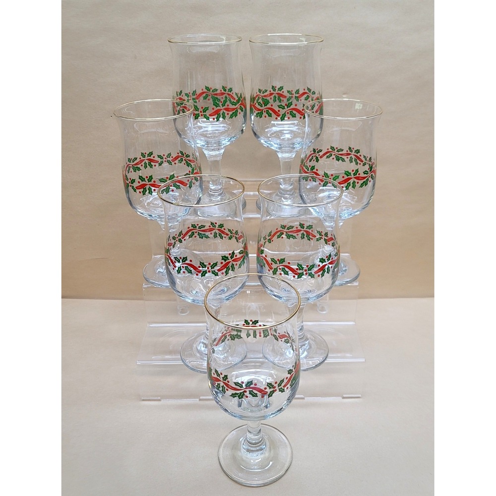 Libbey Christmas Holl/Berry Red Ribbon Gold Rim 7"H Stemmed Tulip Glass 7pc.